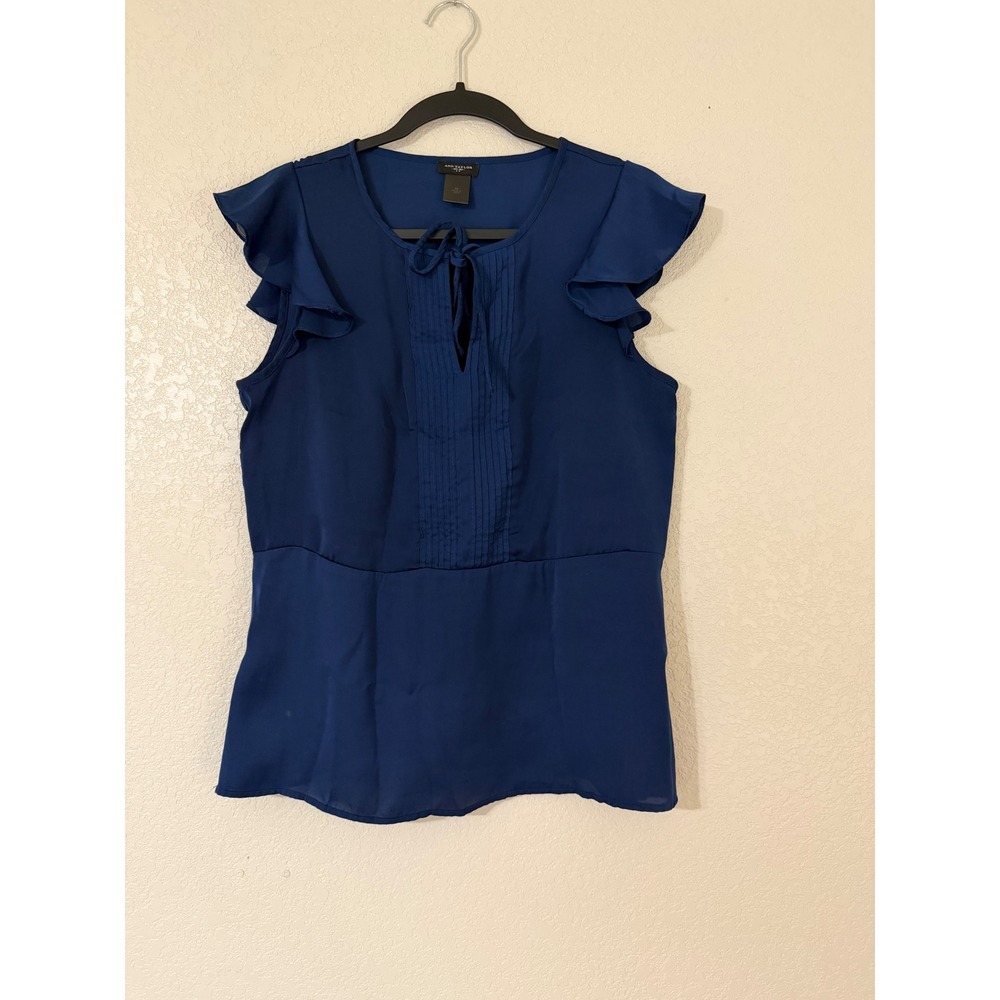 Ann Taylor Navy Blue Silk Blend Pleated Tie Neck Flutter Sleeve Blouse Medium